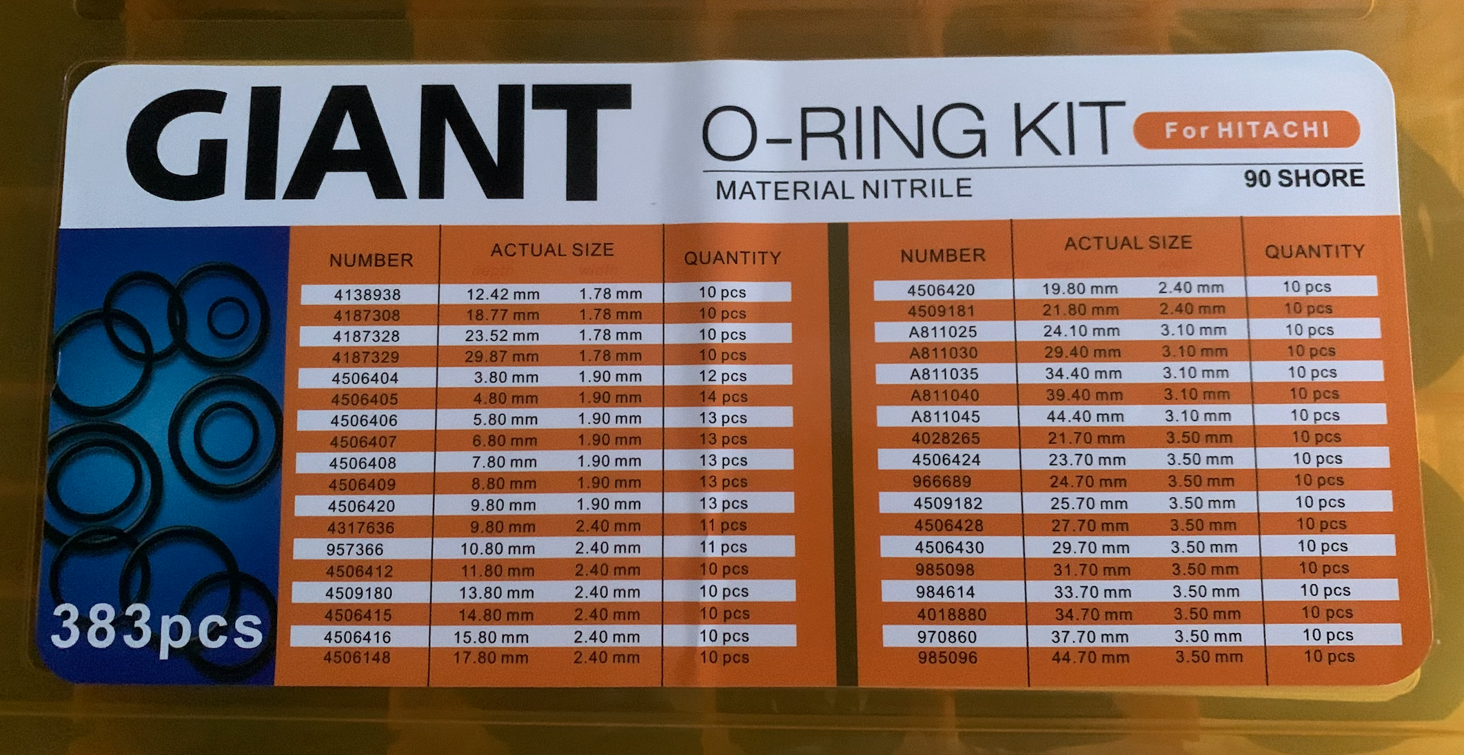 Caja master Kit de O-Rings de 383Pcs para Excavadoras Hitachi / John Deere