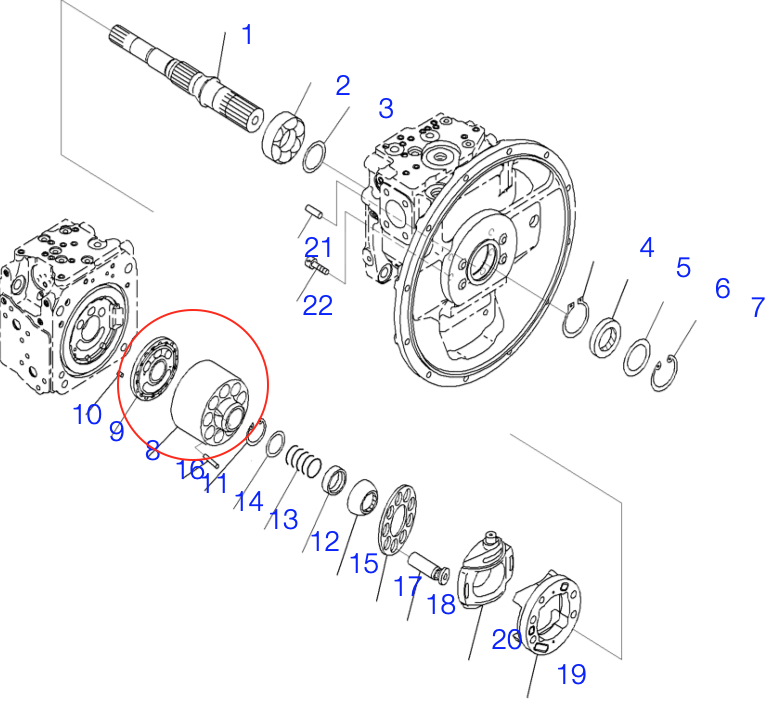 Bloque de cilindro y Válvula plato (F) de bomba Hidráulica Komatsu para excavadoras PC200-7 / PC200-8 #708-2L-06470 #708-2L-06340